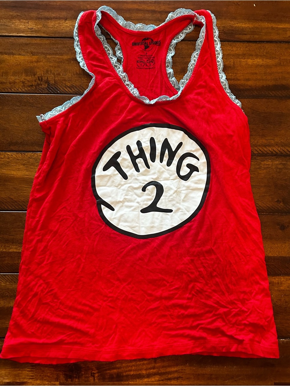 Universal Studios Thing 2 Red Graphic Tank with Lace Trim